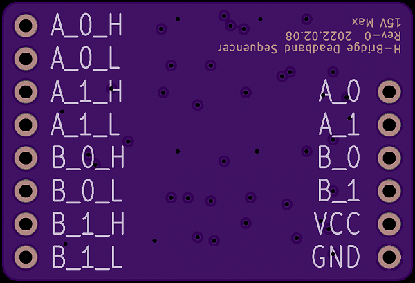 Sequencer board pin reference /></a></p>

This board drives two bridges (A and B). There are only 4 control pins (next to Vcc/GND), and they are located on the right of the image. The eight pins on the left each drive a single transistor.


<p>
Previous: <a rel=